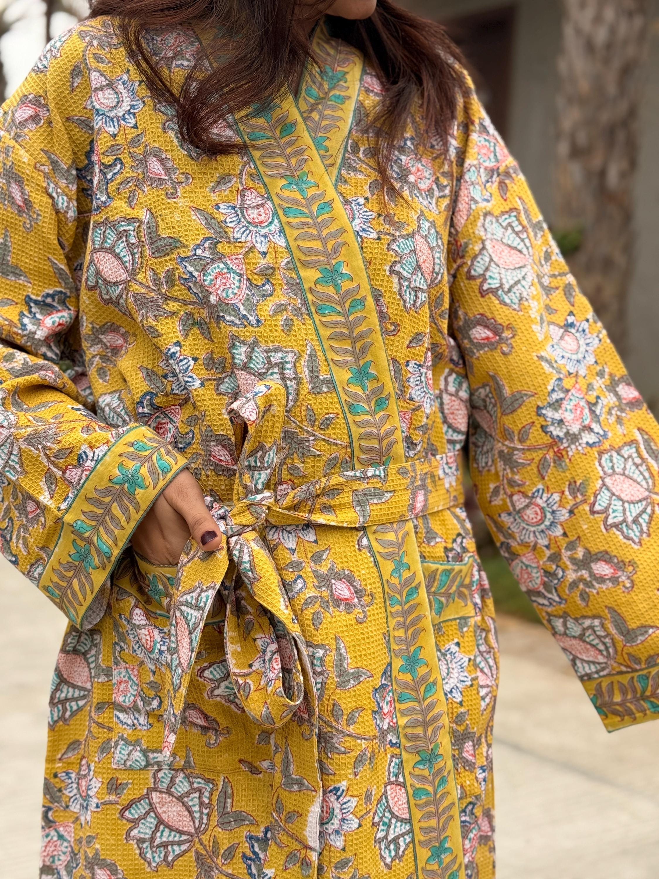 Hand Block Print Waffle Cotton Bathrobe, Lightweight Spa Robe, Natural Dye Kimono Robe, Handmade Unisex Bathrobe, Sustainable Loungewear