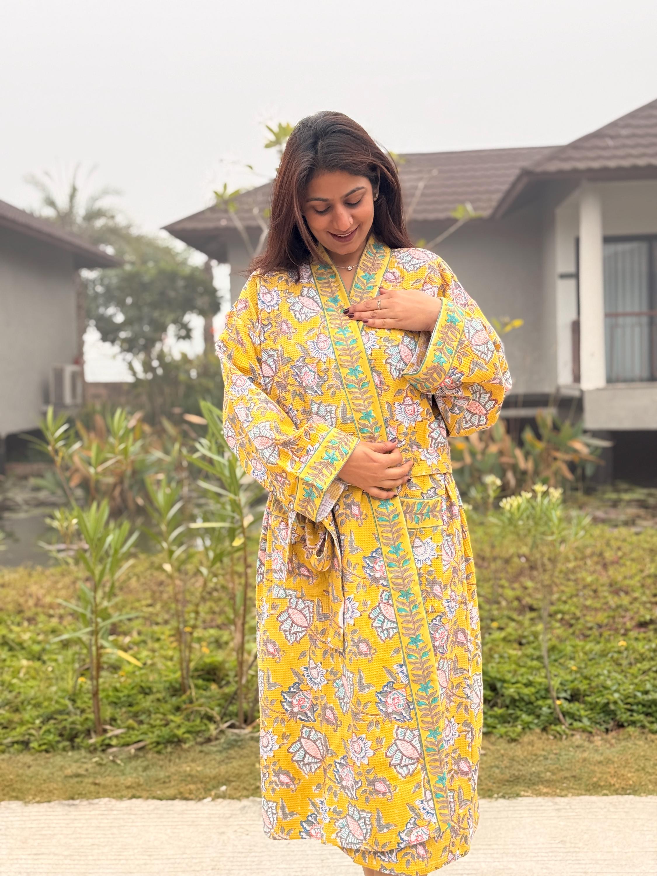 Hand Block Print Waffle Cotton Bathrobe, Lightweight Spa Robe, Natural Dye Kimono Robe, Handmade Unisex Bathrobe, Sustainable Loungewear