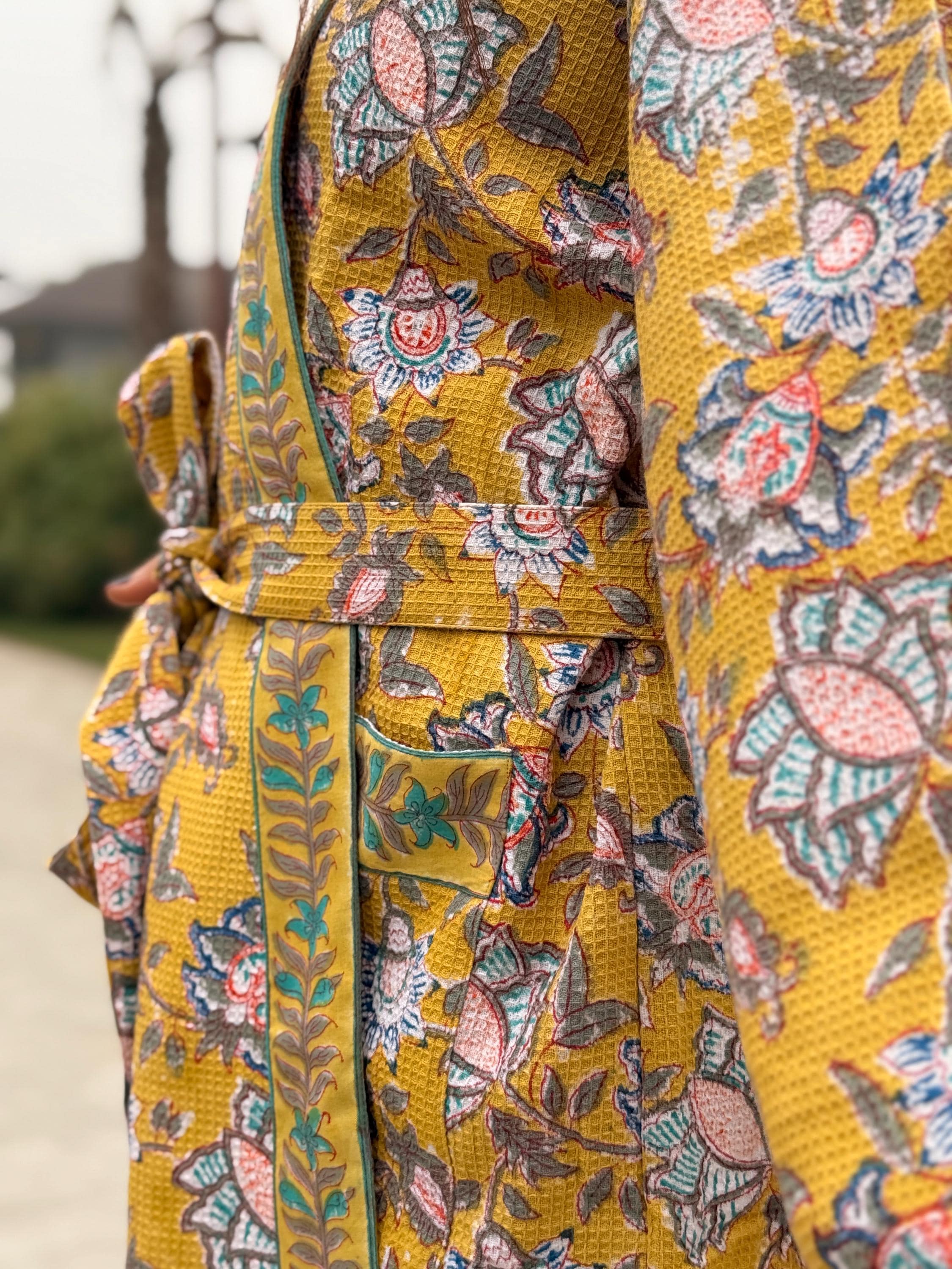 Hand Block Print Waffle Cotton Bathrobe, Lightweight Spa Robe, Natural Dye Kimono Robe, Handmade Unisex Bathrobe, Sustainable Loungewear