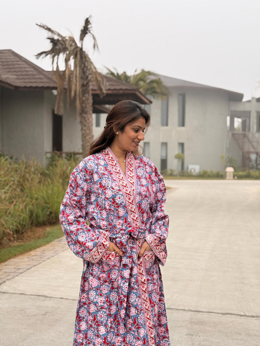 Hand Block Print Waffle Cotton Bathrobe, Lightweight Spa Robe, Natural Dye Kimono Robe, Handmade Unisex Bathrobe, Sustainable Loungewear