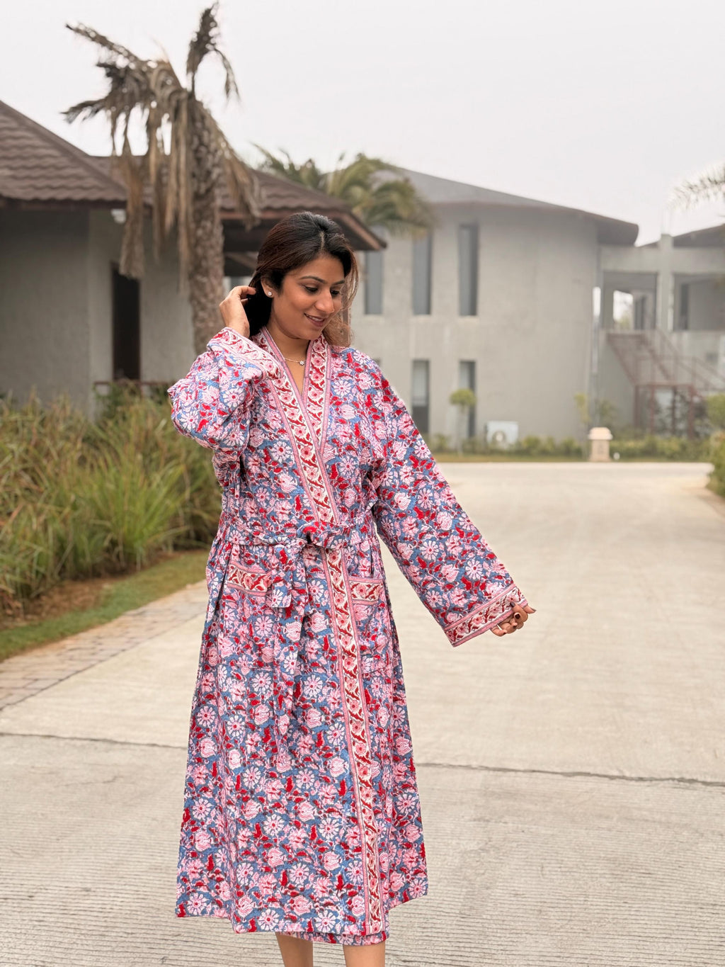 Hand Block Print Waffle Cotton Bathrobe, Lightweight Spa Robe, Natural Dye Kimono Robe, Handmade Unisex Bathrobe, Sustainable Loungewear