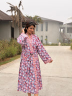 Hand Block Print Waffle Cotton Bathrobe, Lightweight Spa Robe, Natural Dye Kimono Robe, Handmade Unisex Bathrobe, Sustainable Loungewear