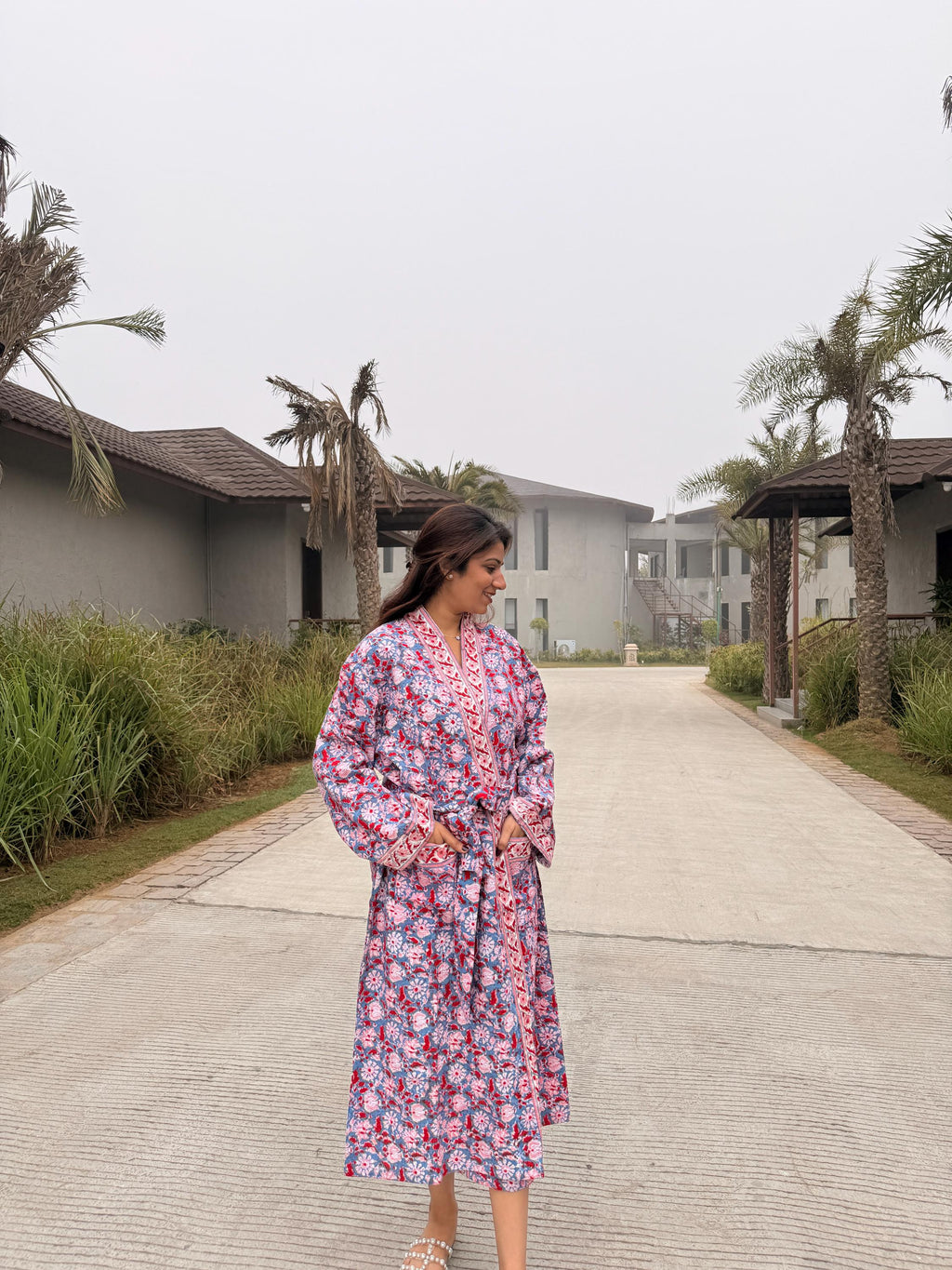 Hand Block Print Waffle Cotton Bathrobe, Lightweight Spa Robe, Natural Dye Kimono Robe, Handmade Unisex Bathrobe, Sustainable Loungewear
