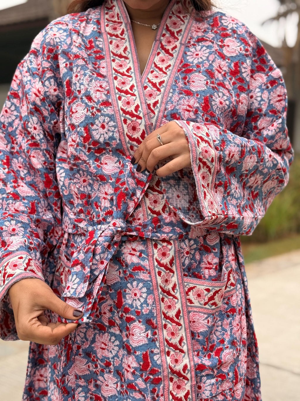 Hand Block Print Waffle Cotton Bathrobe, Lightweight Spa Robe, Natural Dye Kimono Robe, Handmade Unisex Bathrobe, Sustainable Loungewear