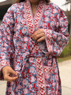 Hand Block Print Waffle Cotton Bathrobe, Lightweight Spa Robe, Natural Dye Kimono Robe, Handmade Unisex Bathrobe, Sustainable Loungewear