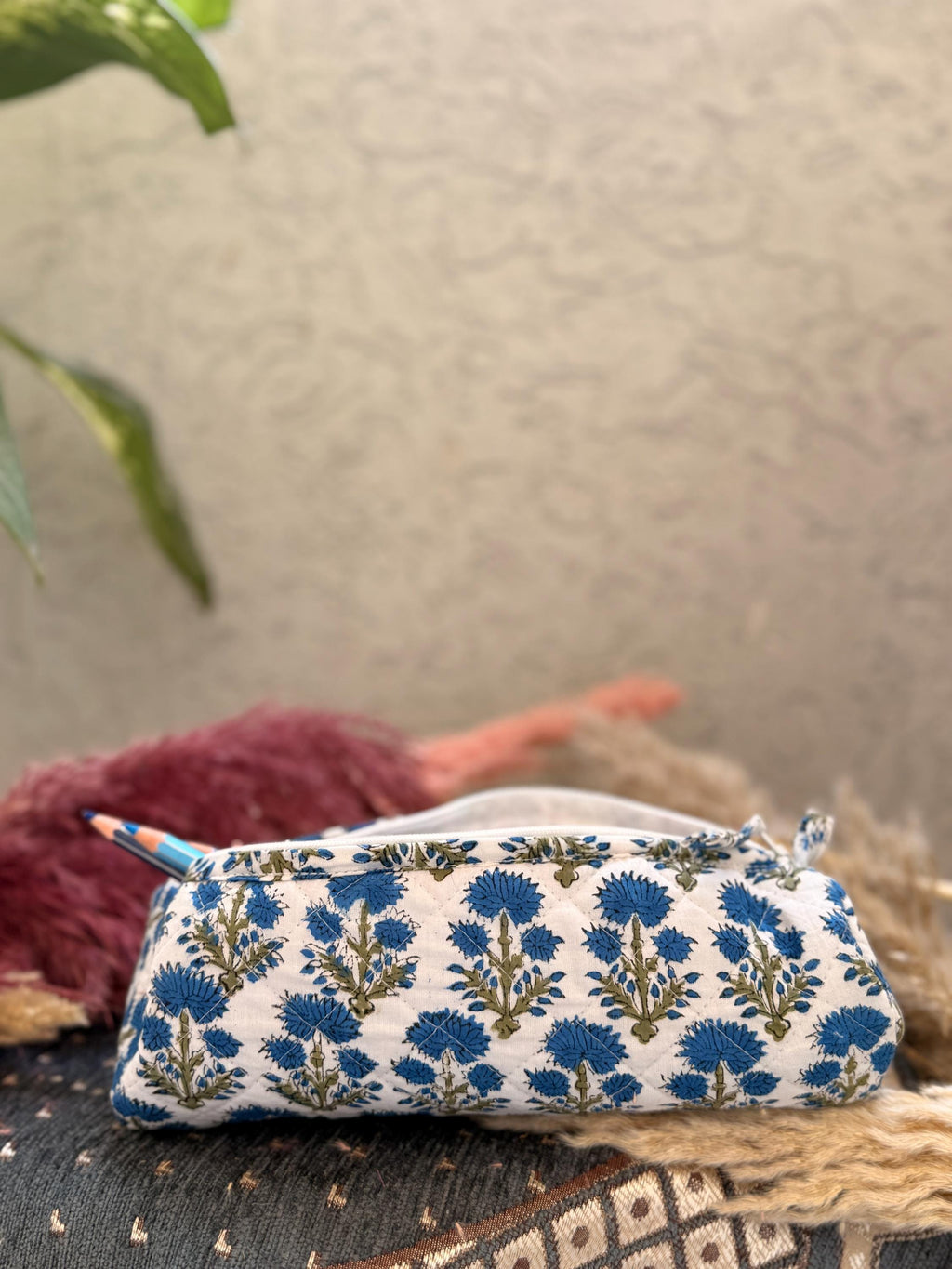 Hand Block Print Pencil Case, Cotton Stationery Pouch, Handmade Zipper Bag, Unique Gift for Students