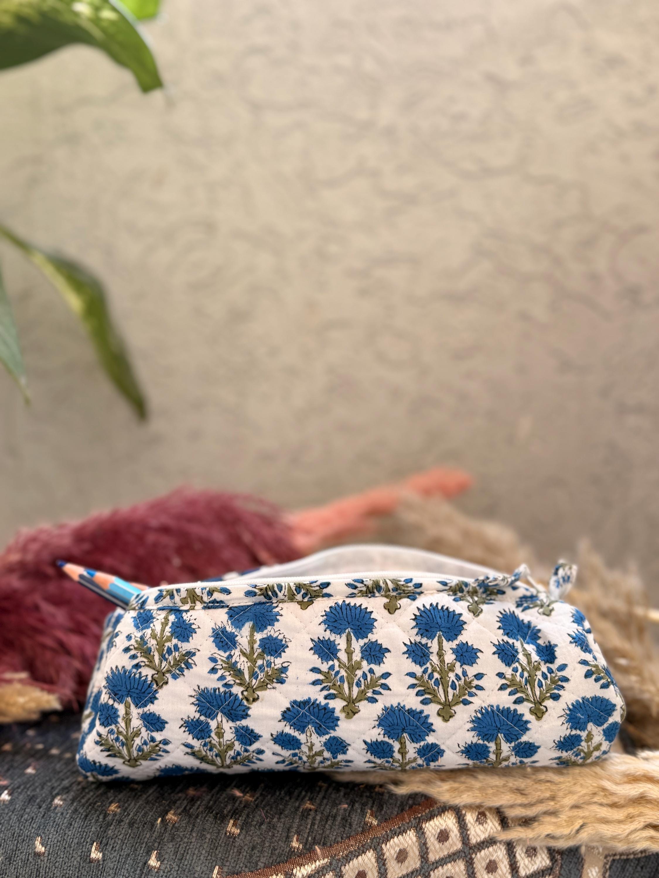 Hand Block Print Pencil Case, Cotton Stationery Pouch, Handmade Zipper Bag, Unique Gift for Students