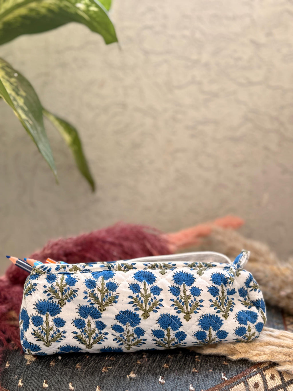 Hand Block Print Pencil Case, Cotton Stationery Pouch, Handmade Zipper Bag, Unique Gift for Students
