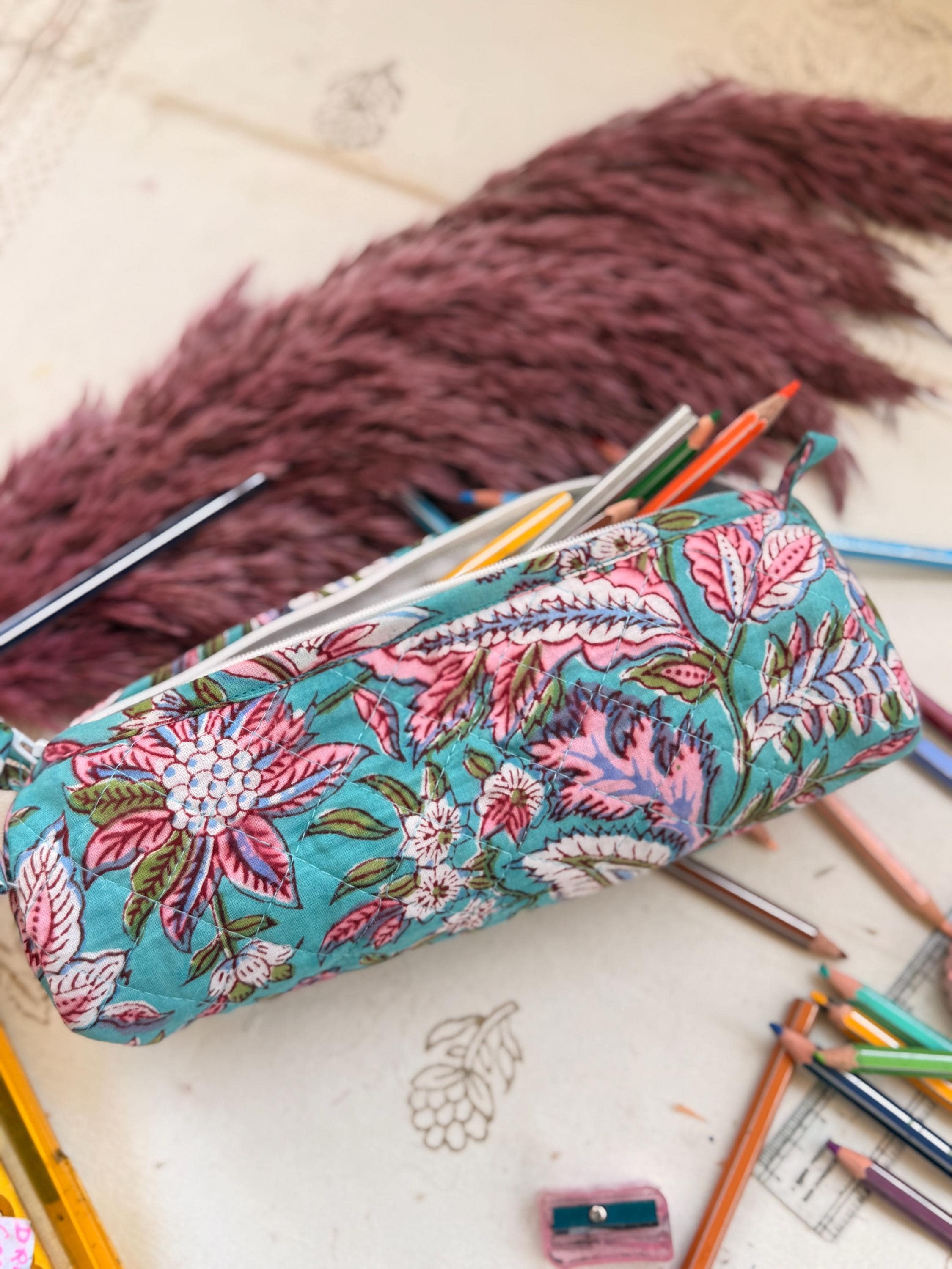 Hand Block Print Cotton Pencil Case, Handmade Zipper Pencil Bag, Stationery Pouch, Eco Friendly School Supplies Organizer