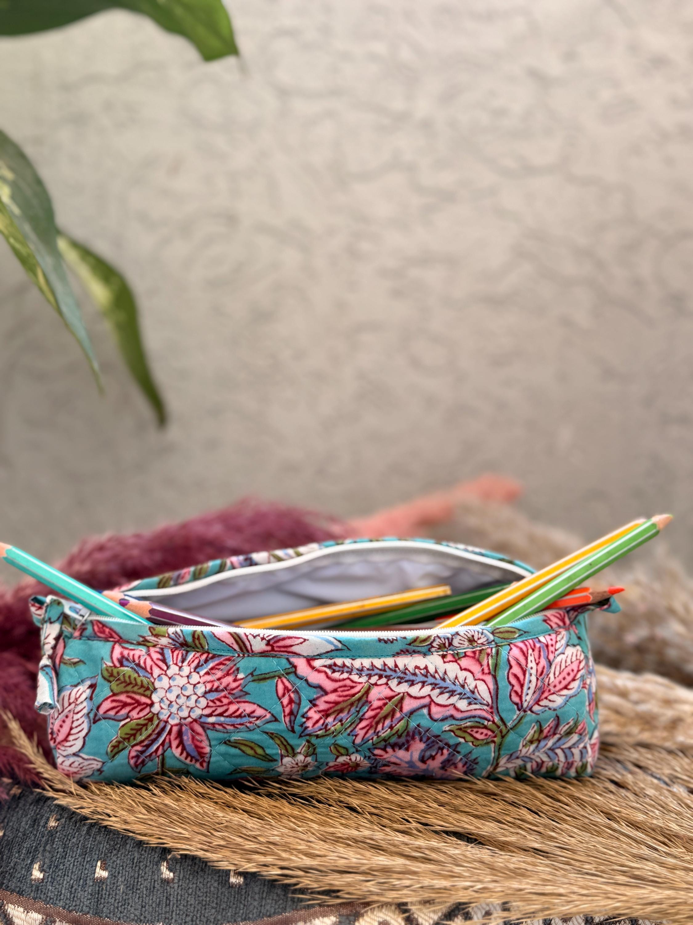 Hand Block Print Cotton Pencil Case, Handmade Zipper Pencil Bag, Stationery Pouch, Eco Friendly School Supplies Organizer
