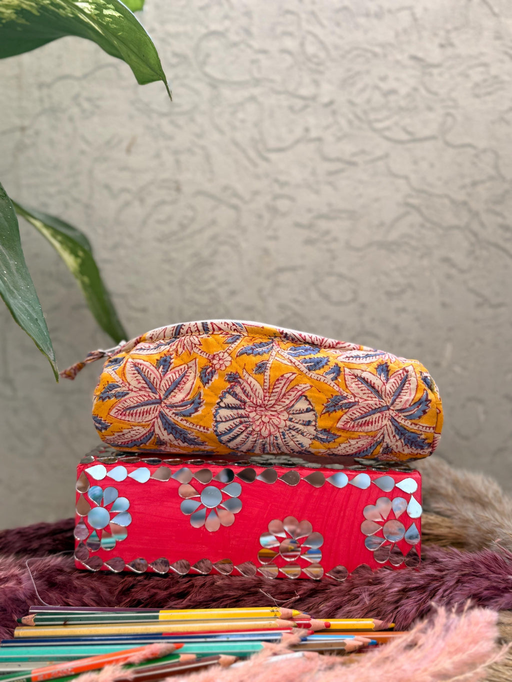 Hand Block Print Cotton Pencil Case, Handmade Zipper Pencil Bag, Stationery Pouch, Eco Friendly School Supplies Organizer