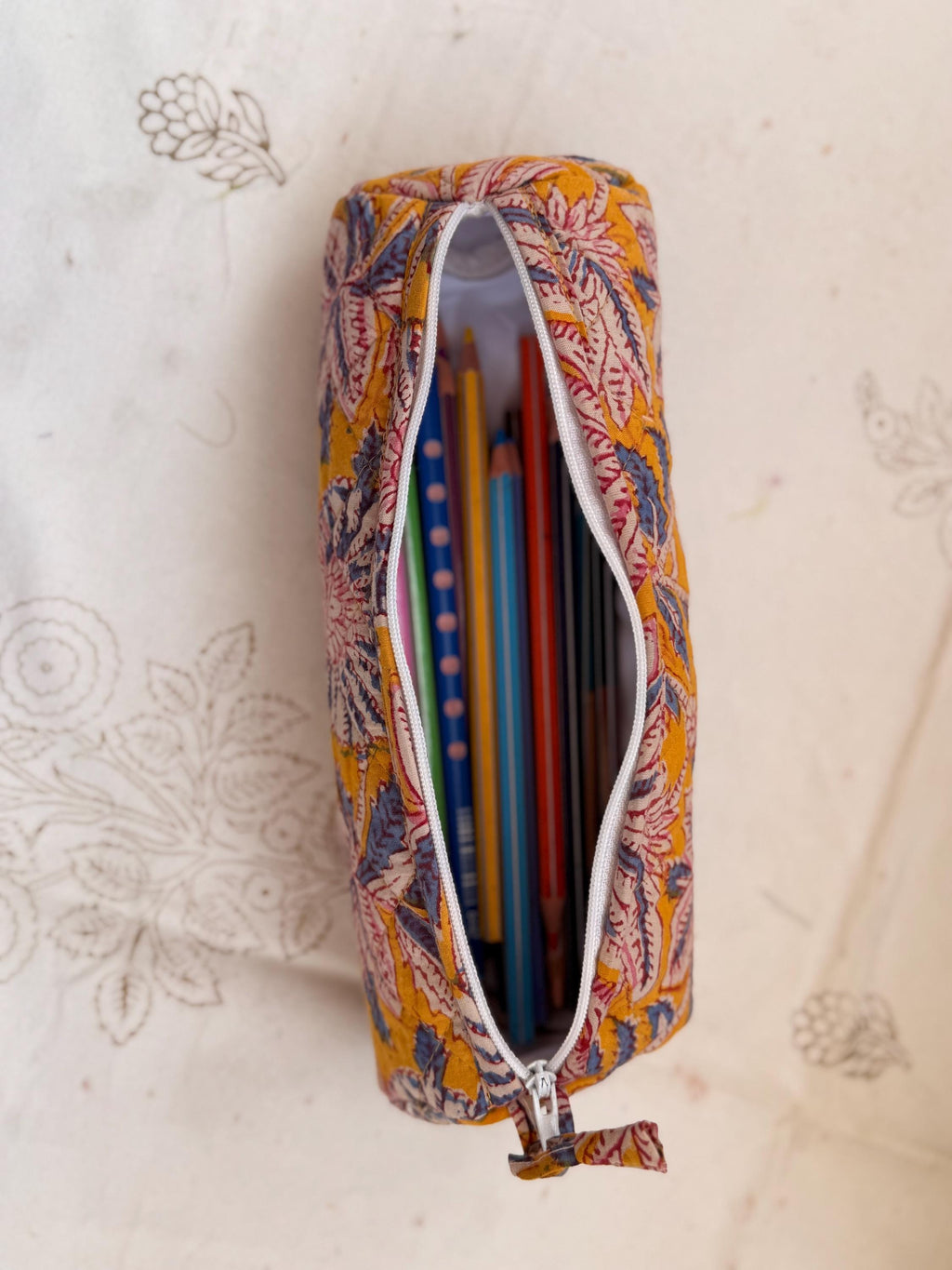 Hand Block Print Cotton Pencil Case, Handmade Zipper Pencil Bag, Stationery Pouch, Eco Friendly School Supplies Organizer