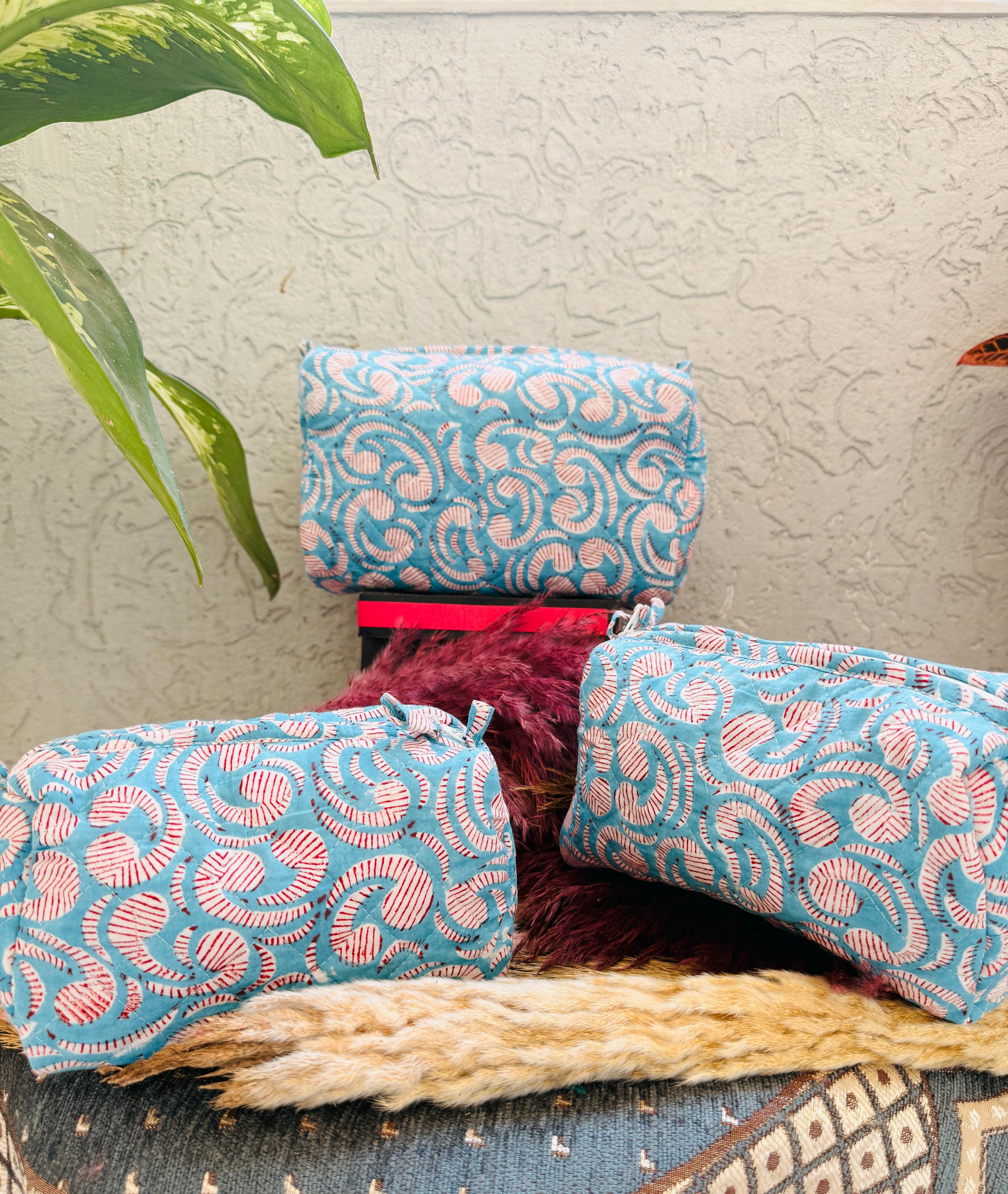 Hand Block Print Cotton Cosmetic Bag, Handmade Travel Pouch, Toiletry Organizer, Unique Handmade Gift