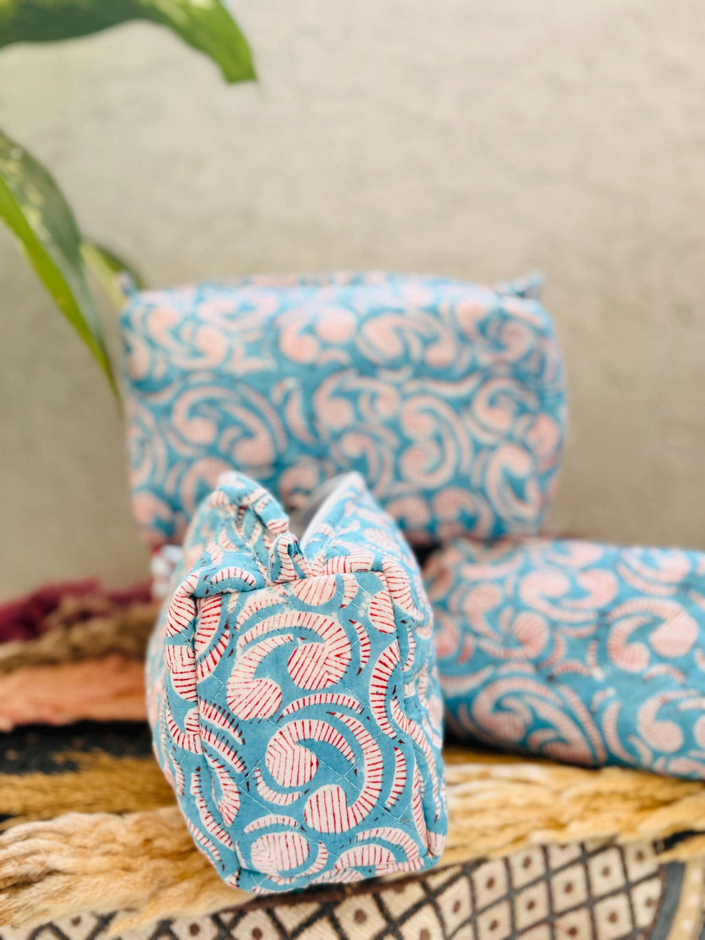 Hand Block Print Cotton Cosmetic Bag, Handmade Travel Pouch, Toiletry Organizer, Unique Handmade Gift