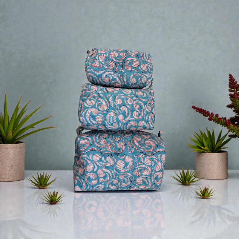 Hand Block Print Cotton Cosmetic Bag, Handmade Travel Pouch, Toiletry Organizer, Unique Handmade Gift