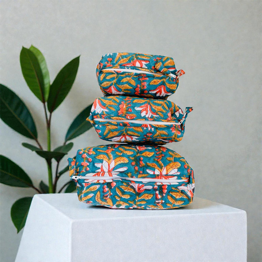 Hand Block Print Cotton Pouch Bag, Handmade Makeup Bag, Toiletry Organizer, Travel Cosmetic Pouch, Sustainable Gift
