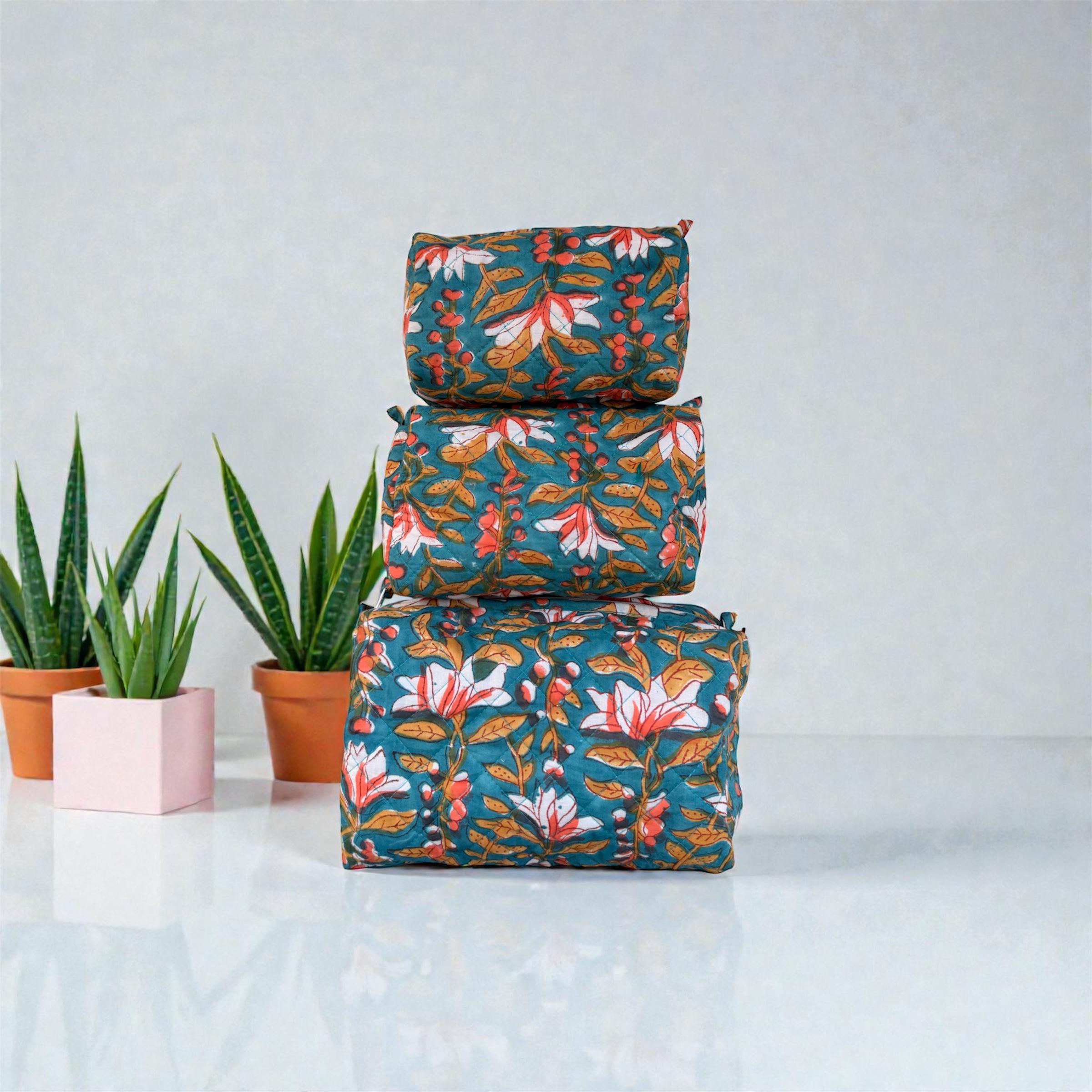 Hand Block Print Cotton Pouch Bag, Handmade Makeup Bag, Toiletry Organizer, Travel Cosmetic Pouch, Sustainable Gift