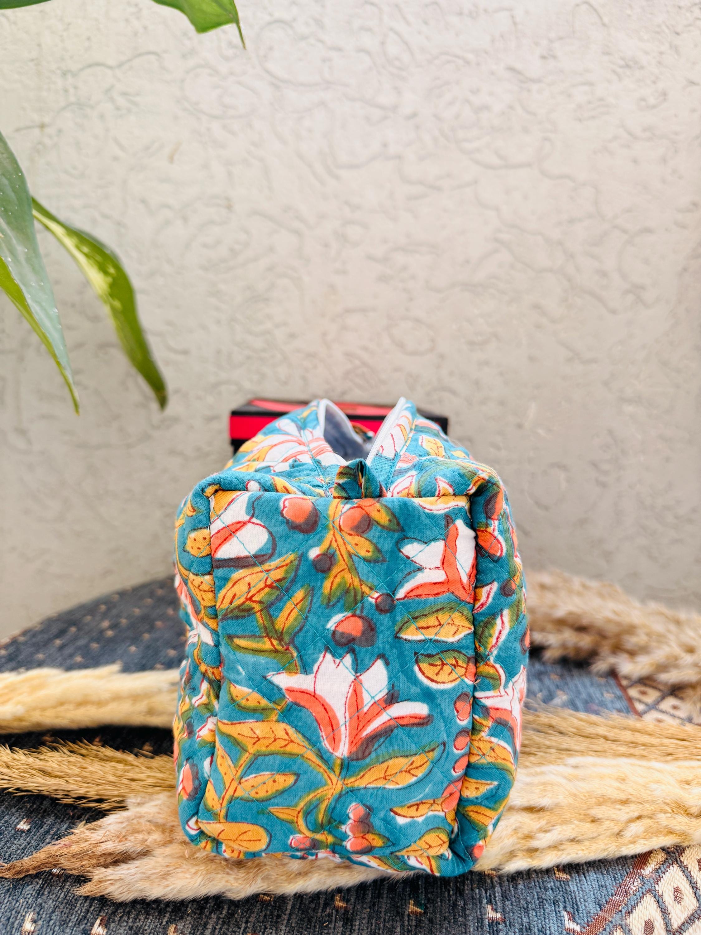 Hand Block Print Cotton Pouch Bag, Handmade Makeup Bag, Toiletry Organizer, Travel Cosmetic Pouch, Sustainable Gift