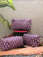 Hand Block Print Cotton Pouch Bag, Handmade Makeup Bag, Toiletry Organizer, Travel Cosmetic Pouch, Sustainable Gift