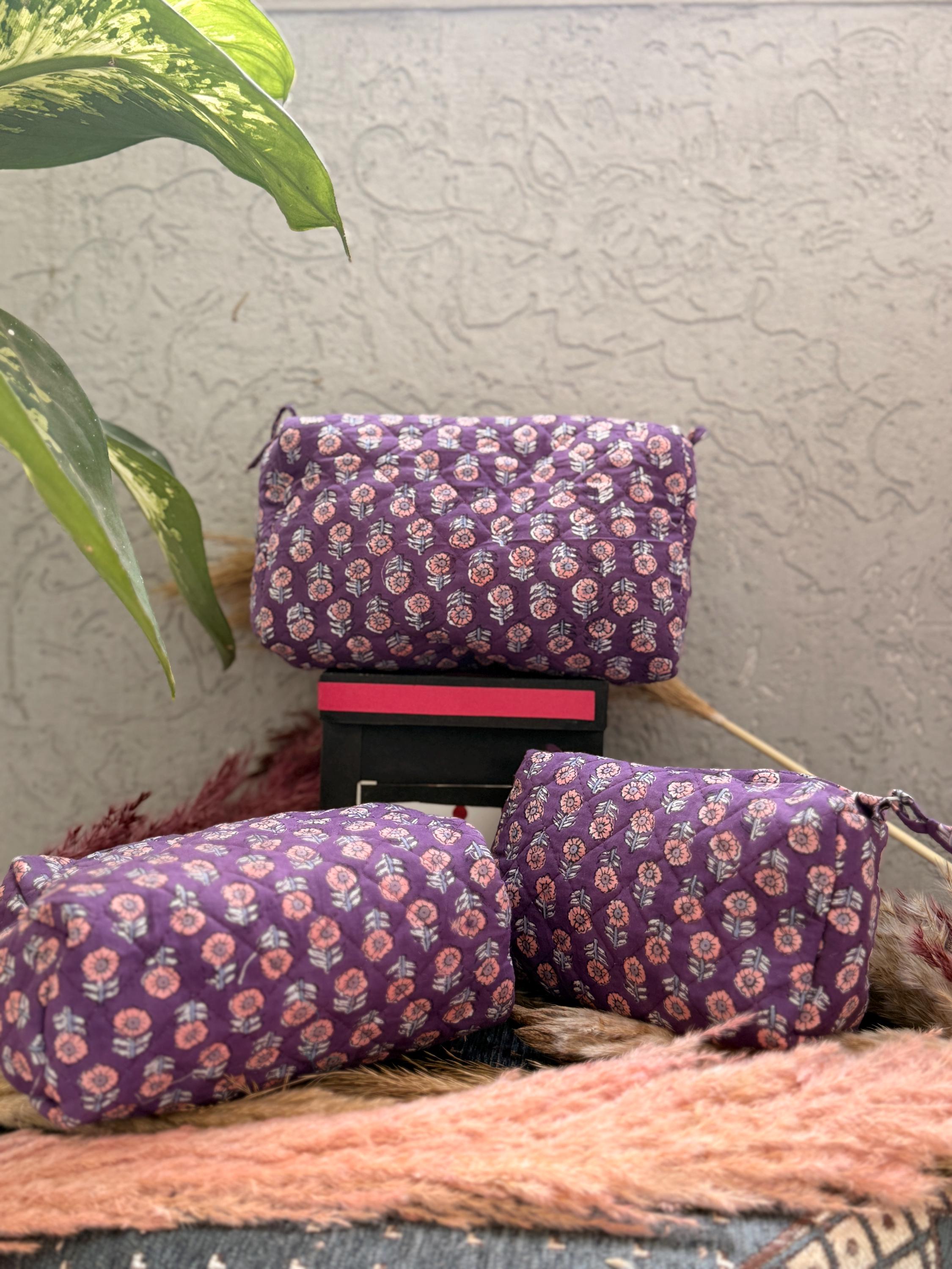 Hand Block Print Cotton Pouch Bag, Handmade Makeup Bag, Toiletry Organizer, Travel Cosmetic Pouch, Sustainable Gift