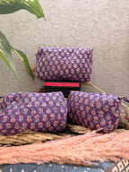 Hand Block Print Cotton Pouch Bag, Handmade Makeup Bag, Toiletry Organizer, Travel Cosmetic Pouch, Sustainable Gift