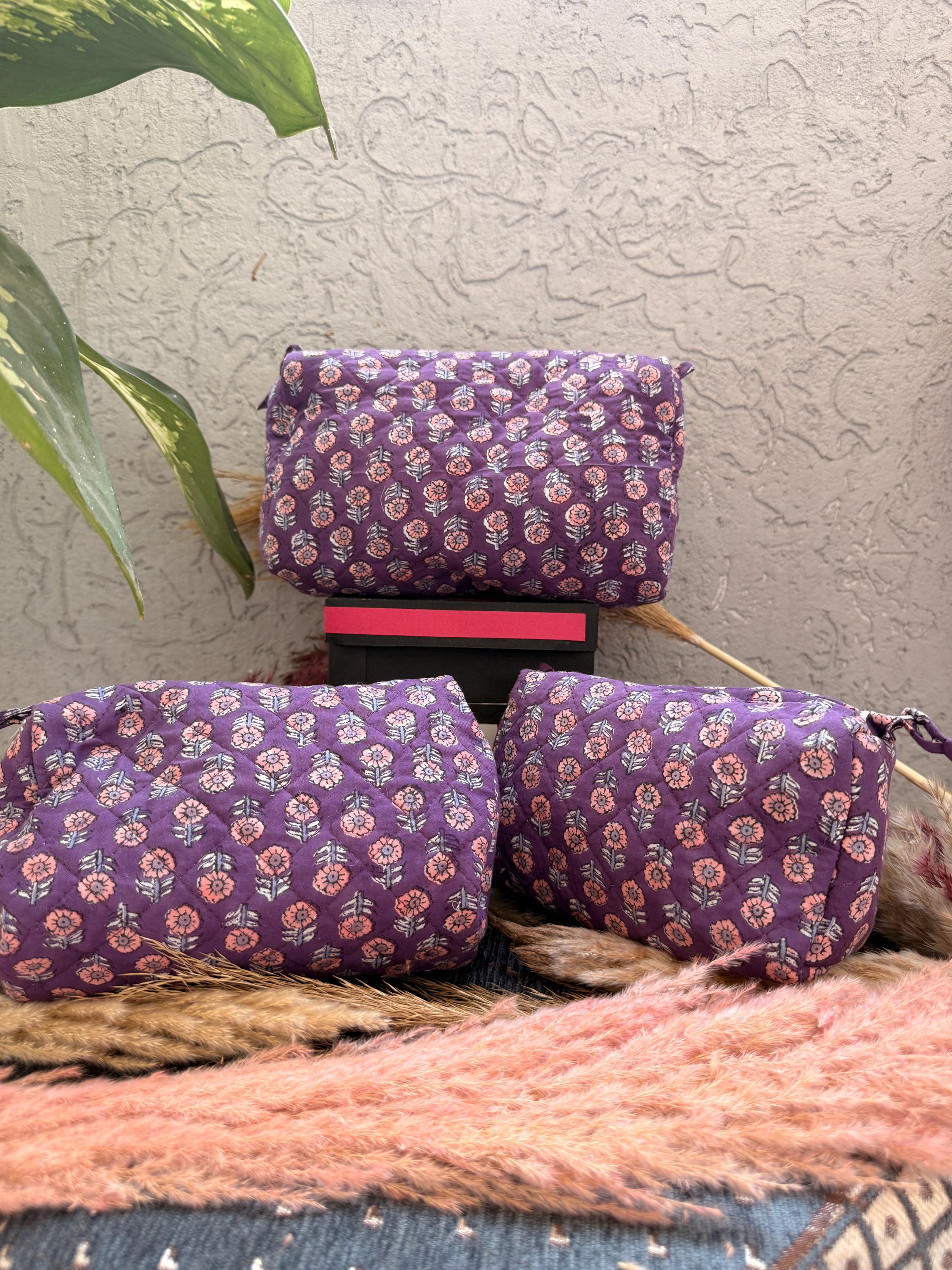 Hand Block Print Cotton Pouch Bag, Handmade Makeup Bag, Toiletry Organizer, Travel Cosmetic Pouch, Sustainable Gift
