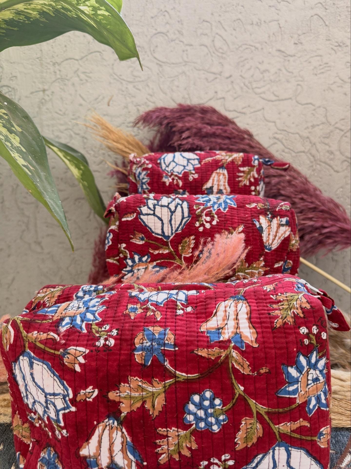Hand Block Print Cotton Pouch Bag, Handmade Makeup Bag, Toiletry Organizer, Travel Cosmetic Pouch, Sustainable Gift