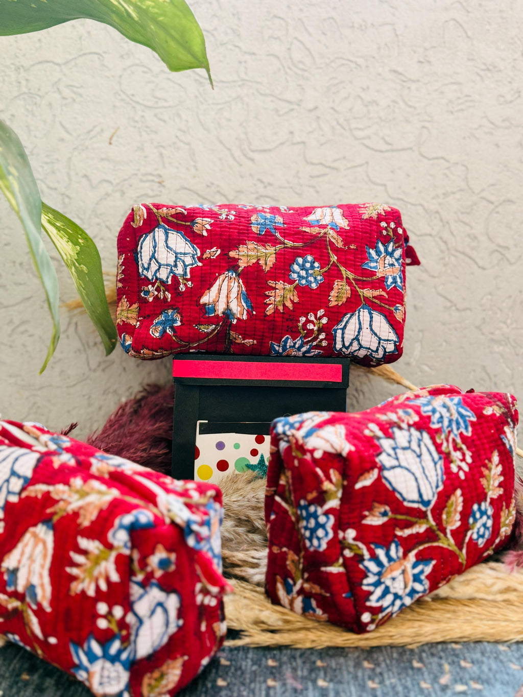 Hand Block Print Cotton Pouch Bag, Handmade Makeup Bag, Toiletry Organizer, Travel Cosmetic Pouch, Sustainable Gift