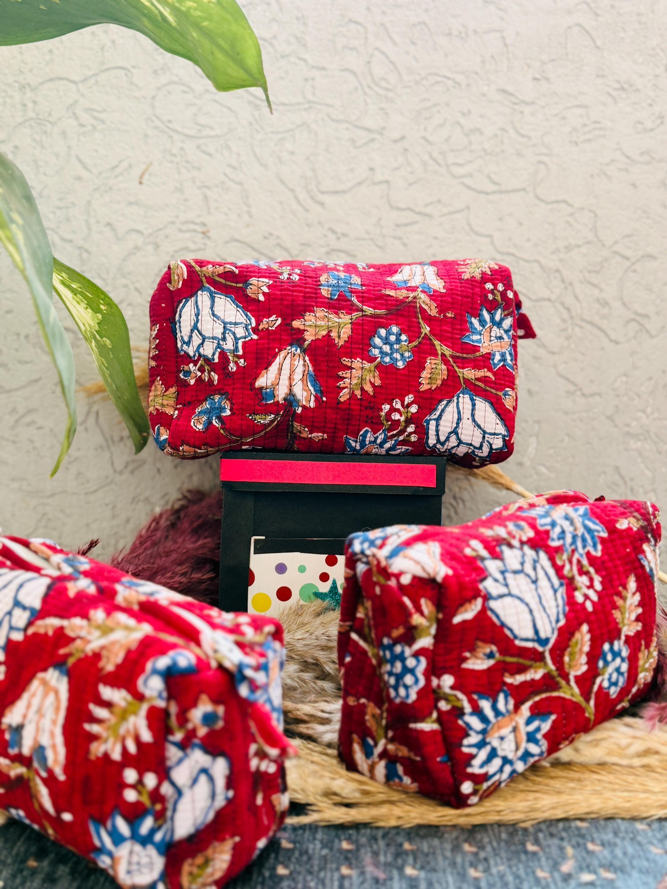 Hand Block Print Cotton Pouch Bag, Handmade Makeup Bag, Toiletry Organizer, Travel Cosmetic Pouch, Sustainable Gift