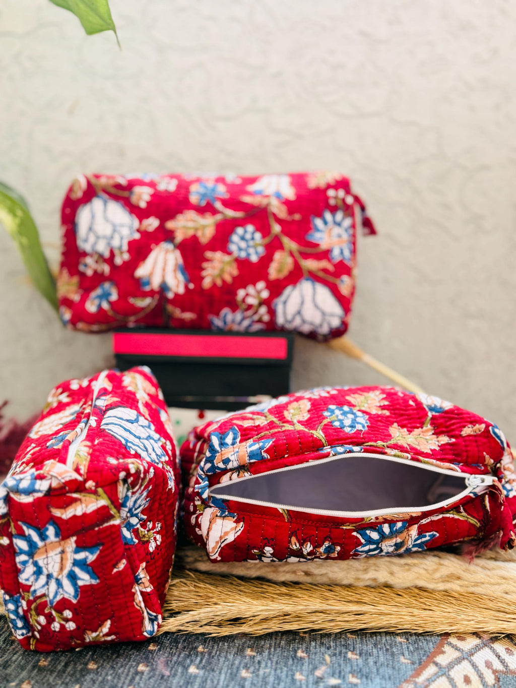 Hand Block Print Cotton Pouch Bag, Handmade Makeup Bag, Toiletry Organizer, Travel Cosmetic Pouch, Sustainable Gift