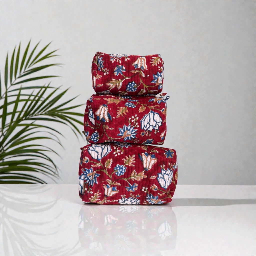 Hand Block Print Cotton Pouch Bag, Handmade Makeup Bag, Toiletry Organizer, Travel Cosmetic Pouch, Sustainable Gift