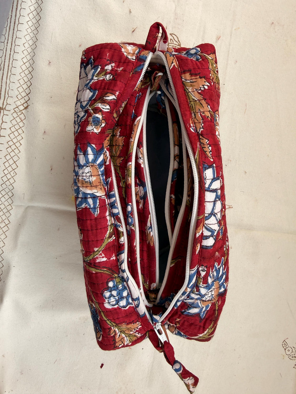 Hand Block Print Cotton Pouch Bag, Handmade Makeup Bag, Toiletry Organizer, Travel Cosmetic Pouch, Sustainable Gift