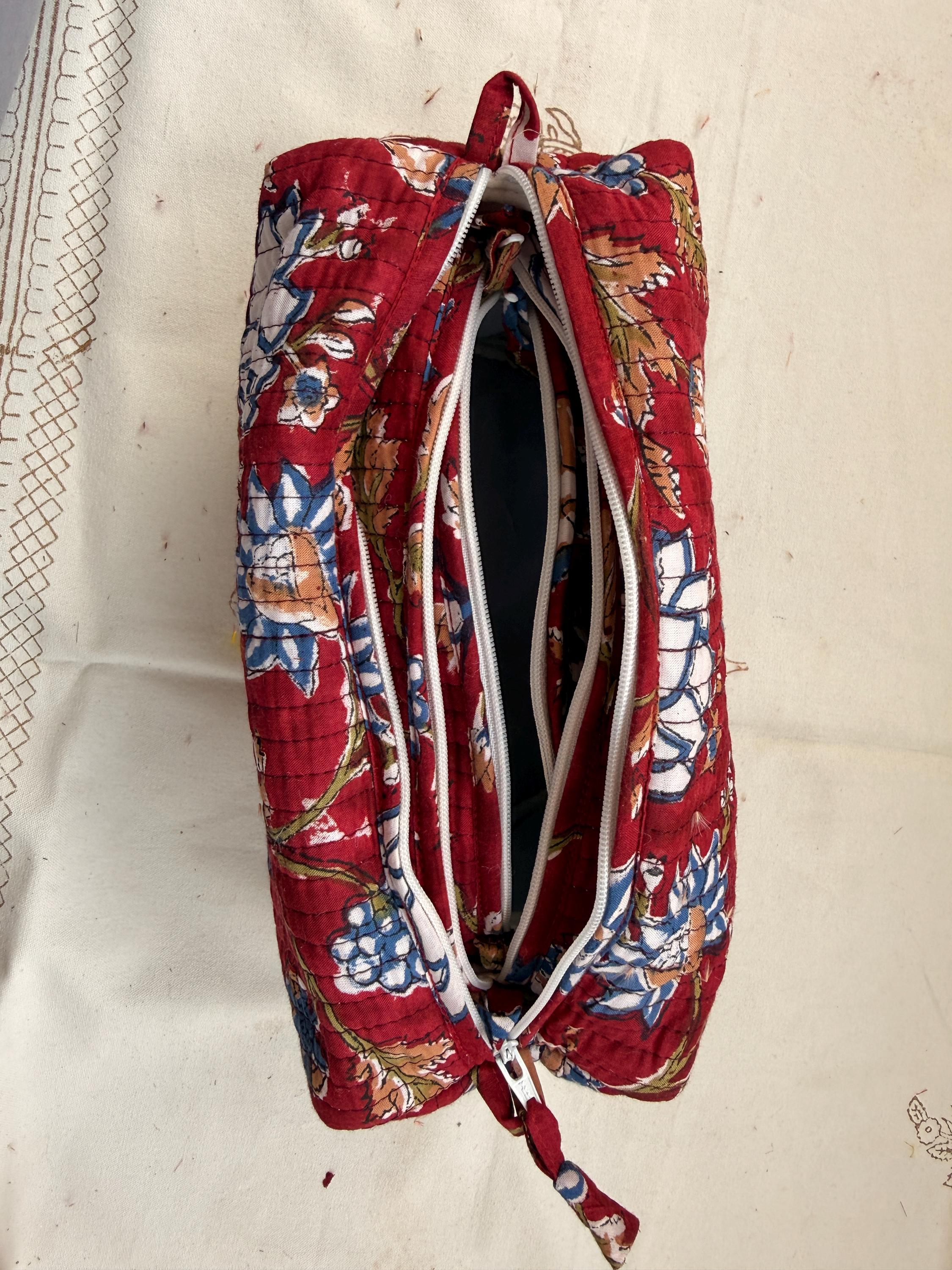 Hand Block Print Cotton Pouch Bag, Handmade Makeup Bag, Toiletry Organizer, Travel Cosmetic Pouch, Sustainable Gift