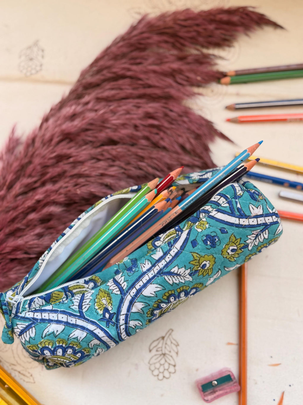 Hand Block Print Pencil Case, Cotton Stationery Pouch, Handmade Zipper Bag, Unique Gift for Students