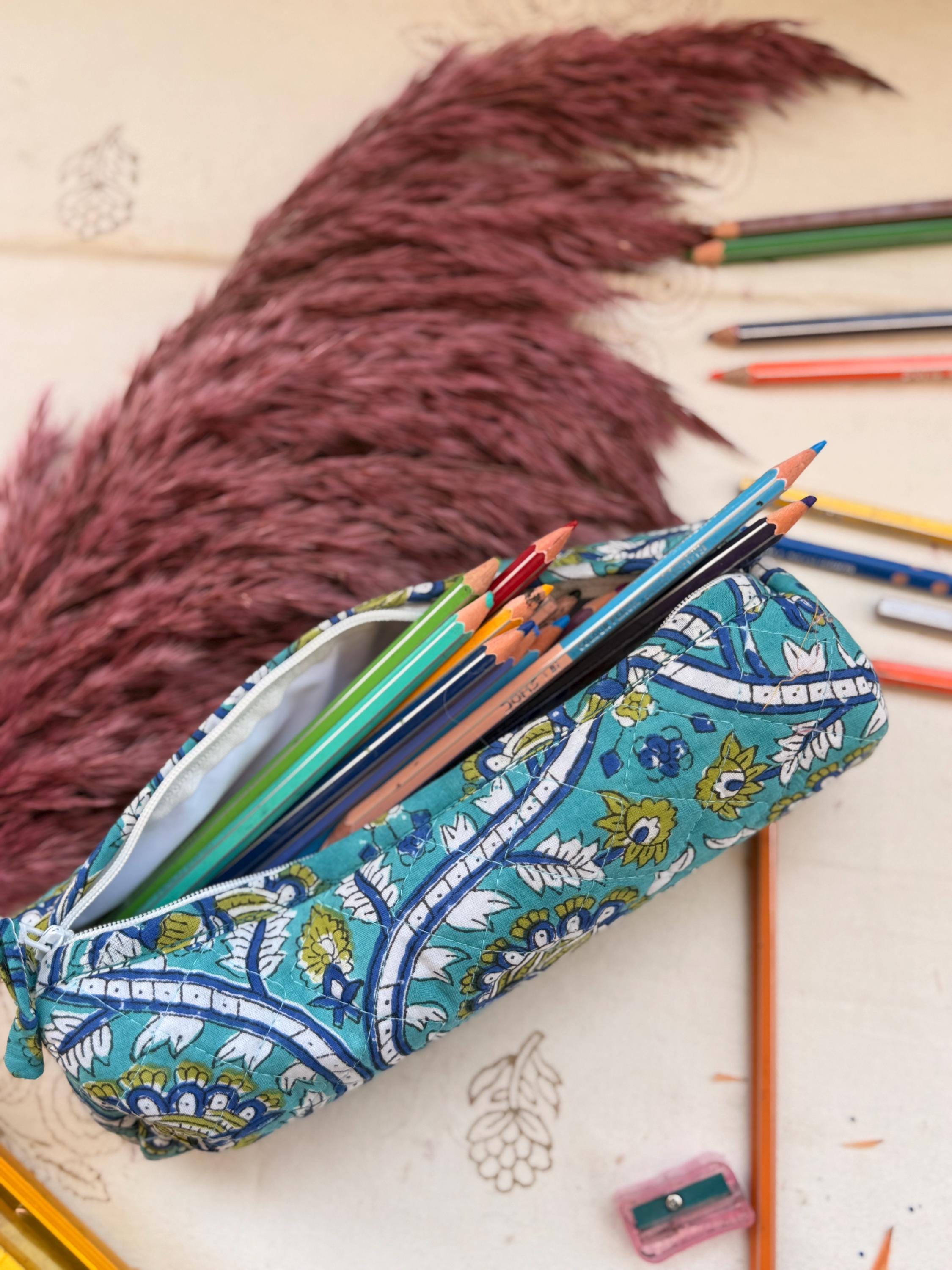 Hand Block Print Pencil Case, Cotton Stationery Pouch, Handmade Zipper Bag, Unique Gift for Students