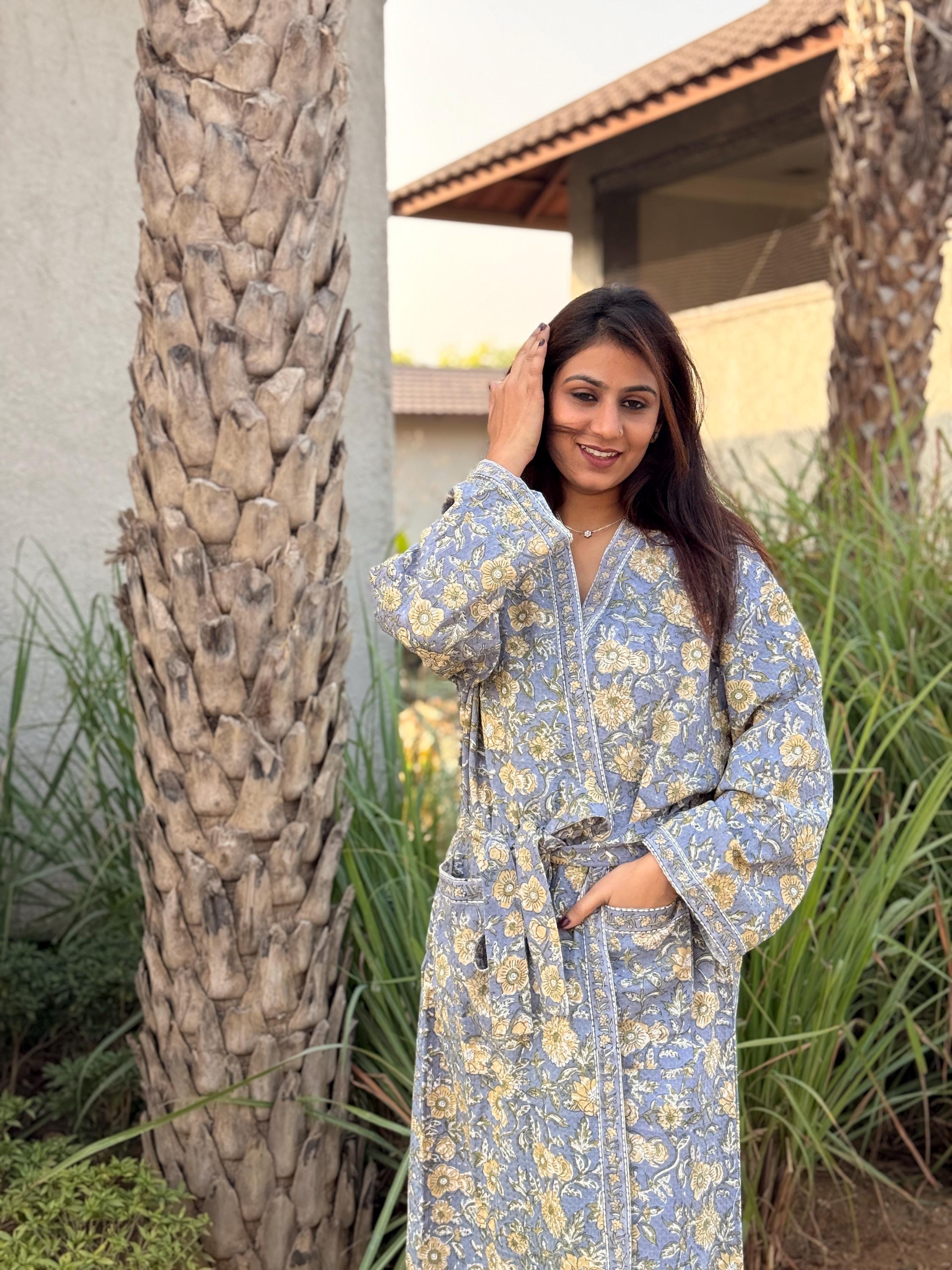 Hand Block Print Cotton Waffle Robe, Floral Kimono Loungewear