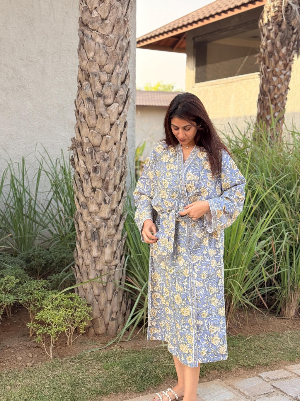 Hand Block Print Cotton Waffle Robe, Floral Kimono Loungewear
