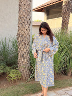 Hand Block Print Cotton Waffle Robe, Floral Kimono Loungewear