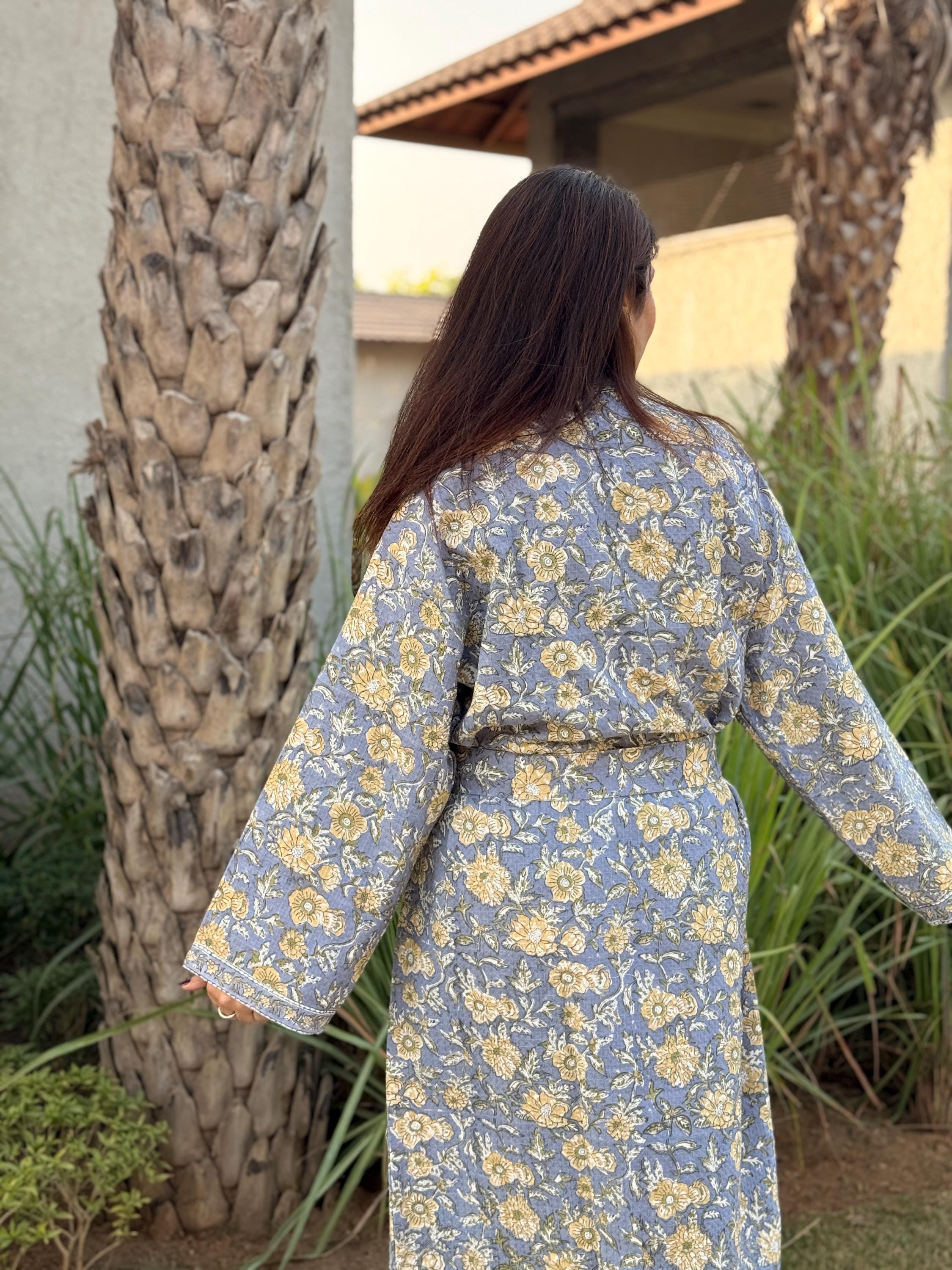 Hand Block Print Cotton Waffle Robe, Floral Kimono Loungewear