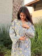 Hand Block Print Cotton Waffle Robe, Floral Kimono Loungewear