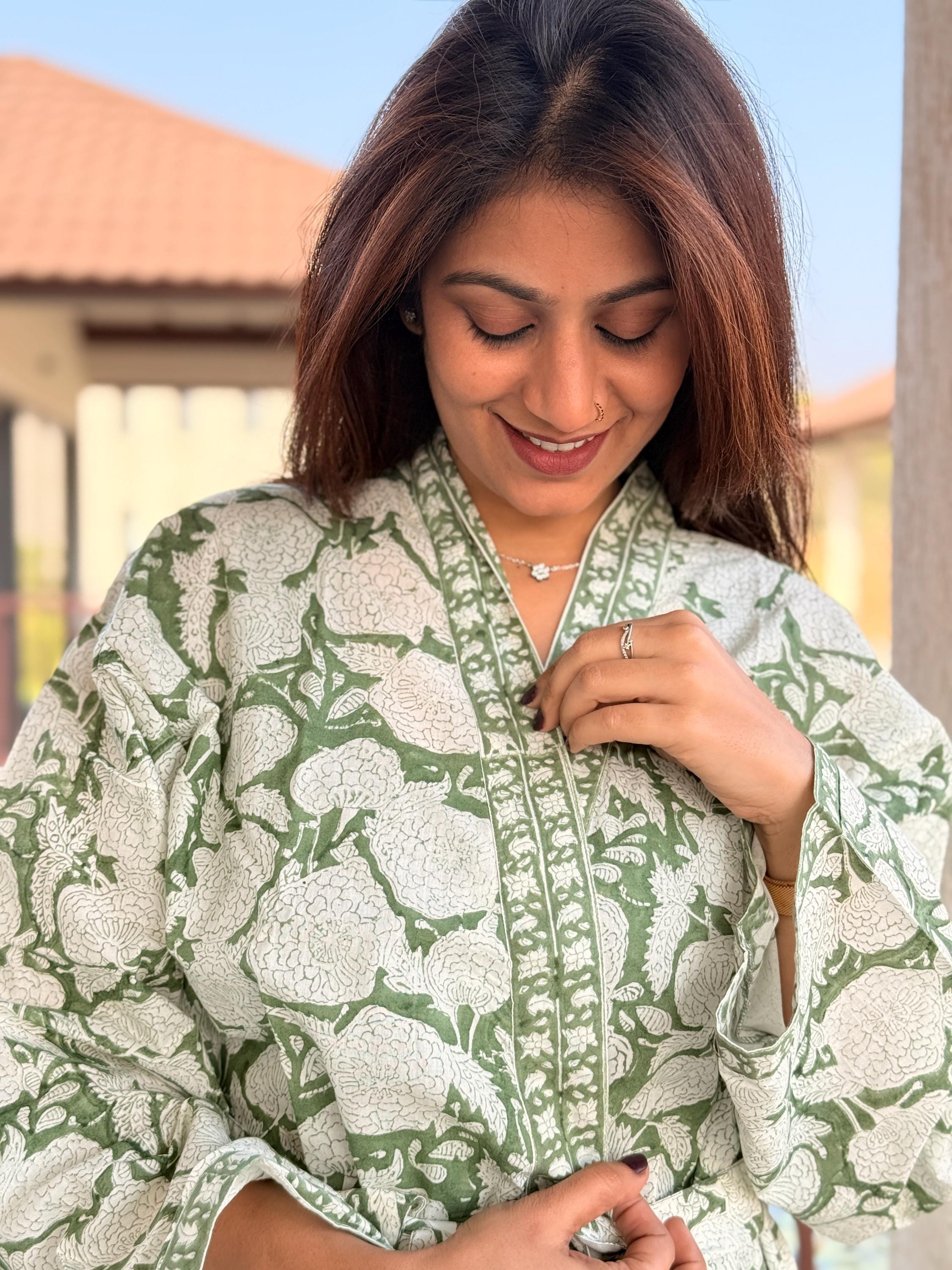 Hand Block Print Cotton Bathrobe, Natural Dye Kimono Robe, Lightweight Spa Robe, Handmade Gift for Her or Him