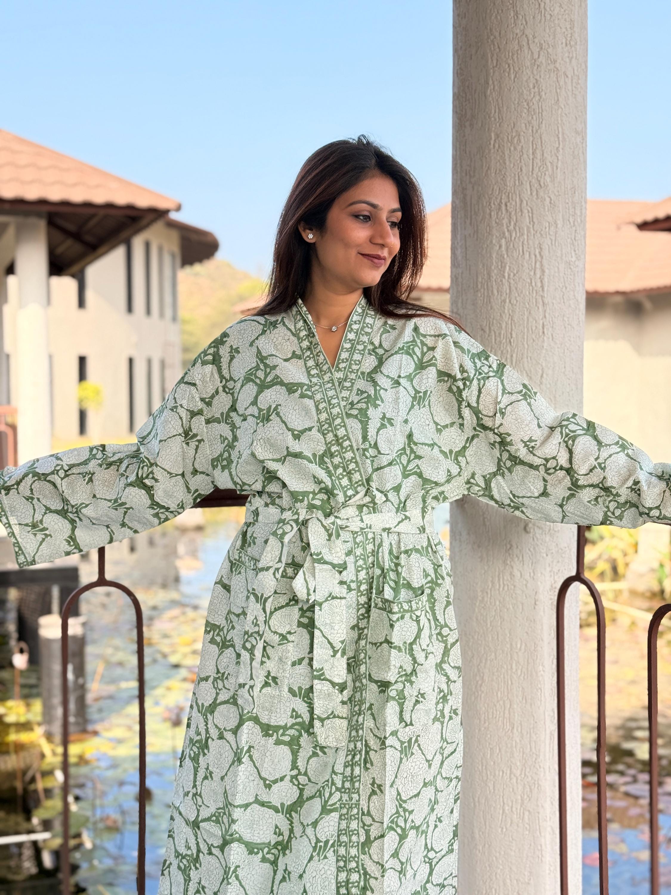 Hand Block Print Cotton Bathrobe, Natural Dye Kimono Robe, Lightweight Spa Robe, Handmade Gift for Her or Him
