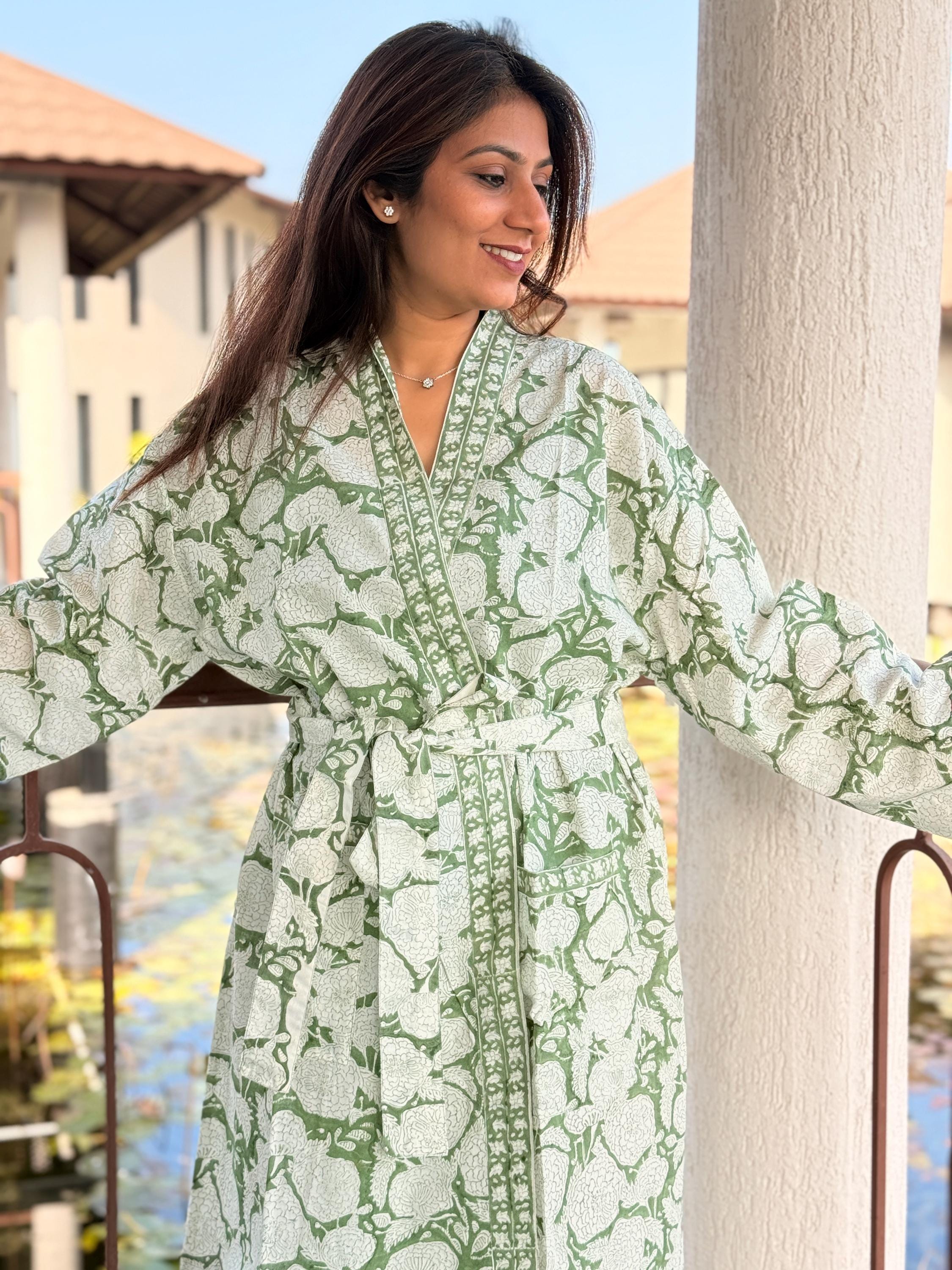 Hand Block Print Cotton Bathrobe, Natural Dye Kimono Robe, Lightweight Spa Robe, Handmade Gift for Her or Him