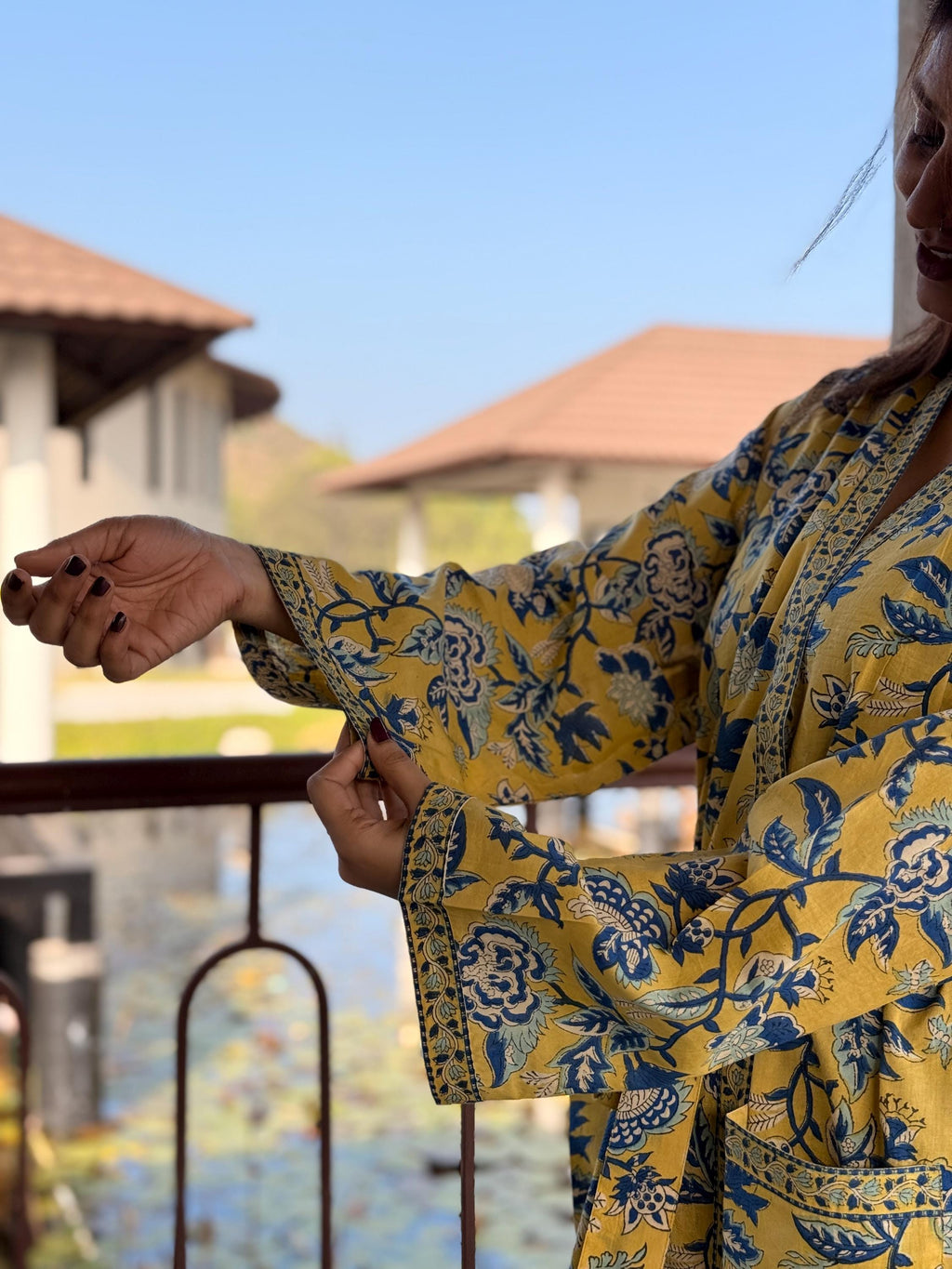 Hand Block Print Cotton Bathrobe, Natural Dye Kimono Robe, Lightweight Spa Robe, Handmade Gift for Her or Him