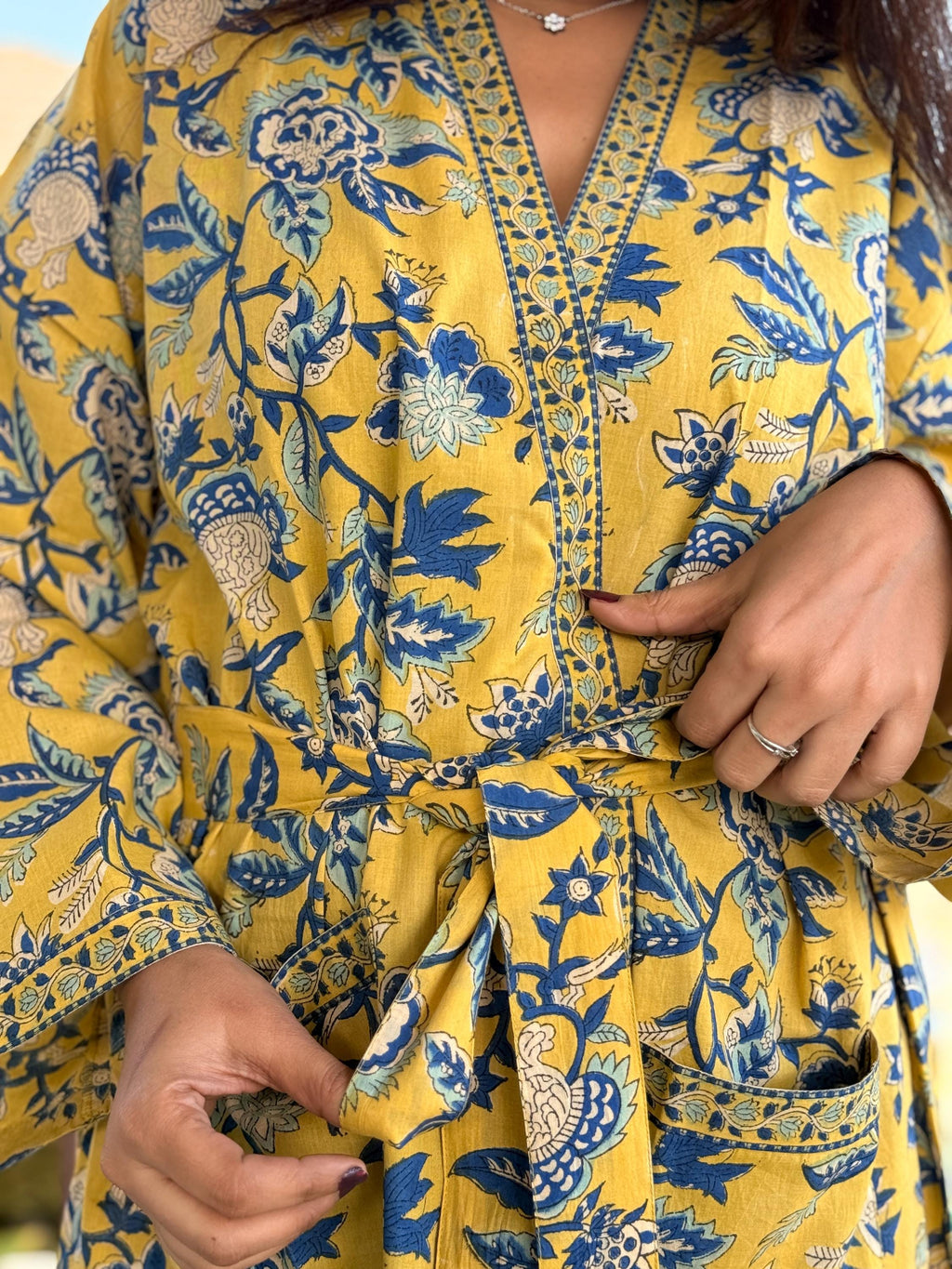 Hand Block Print Cotton Bathrobe, Natural Dye Kimono Robe, Lightweight Spa Robe, Handmade Gift for Her or Him