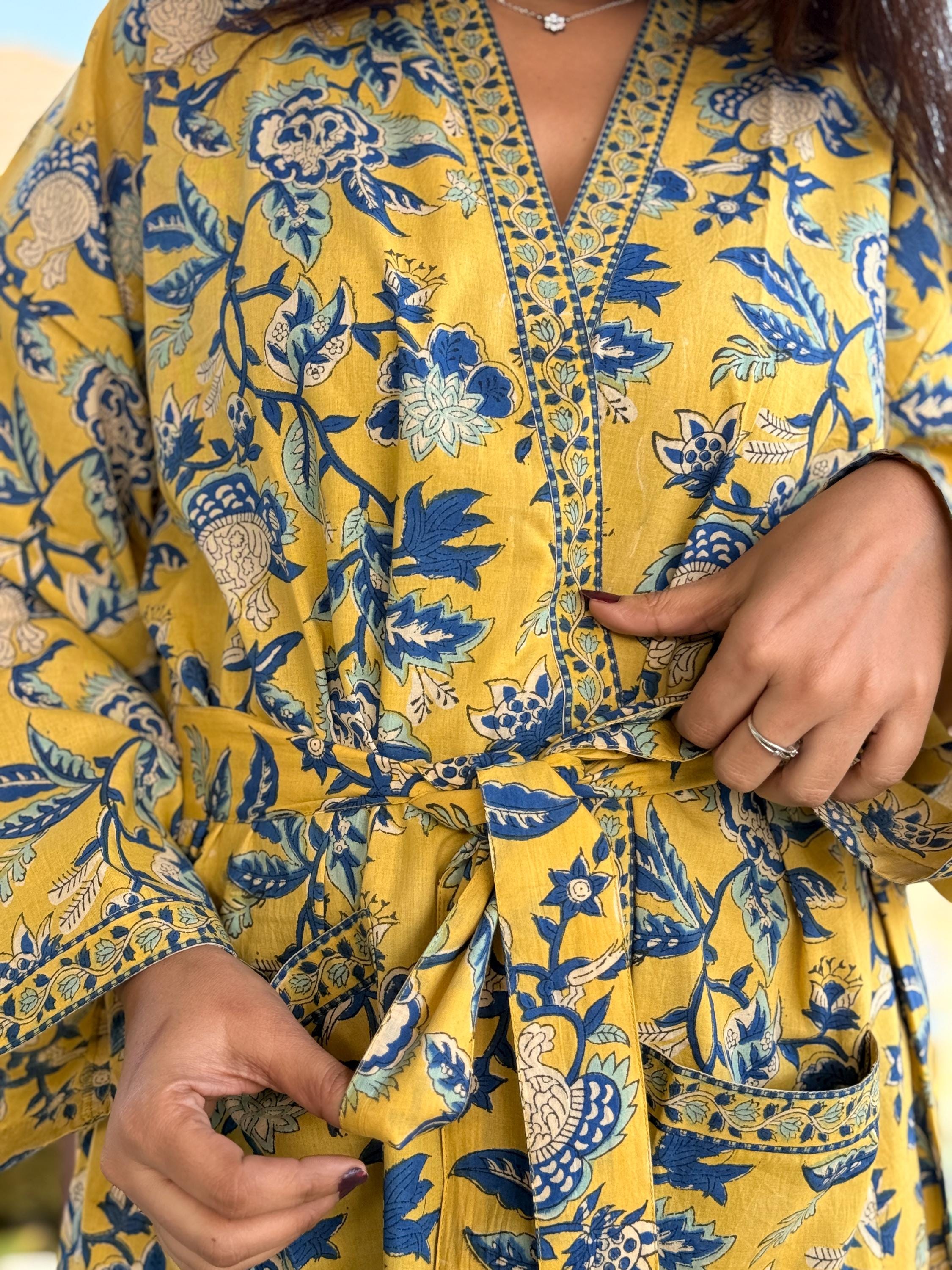 Hand Block Print Cotton Bathrobe, Natural Dye Kimono Robe, Lightweight Spa Robe, Handmade Gift for Her or Him