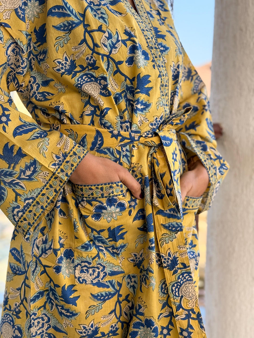 Hand Block Print Cotton Bathrobe, Natural Dye Kimono Robe, Lightweight Spa Robe, Handmade Gift for Her or Him