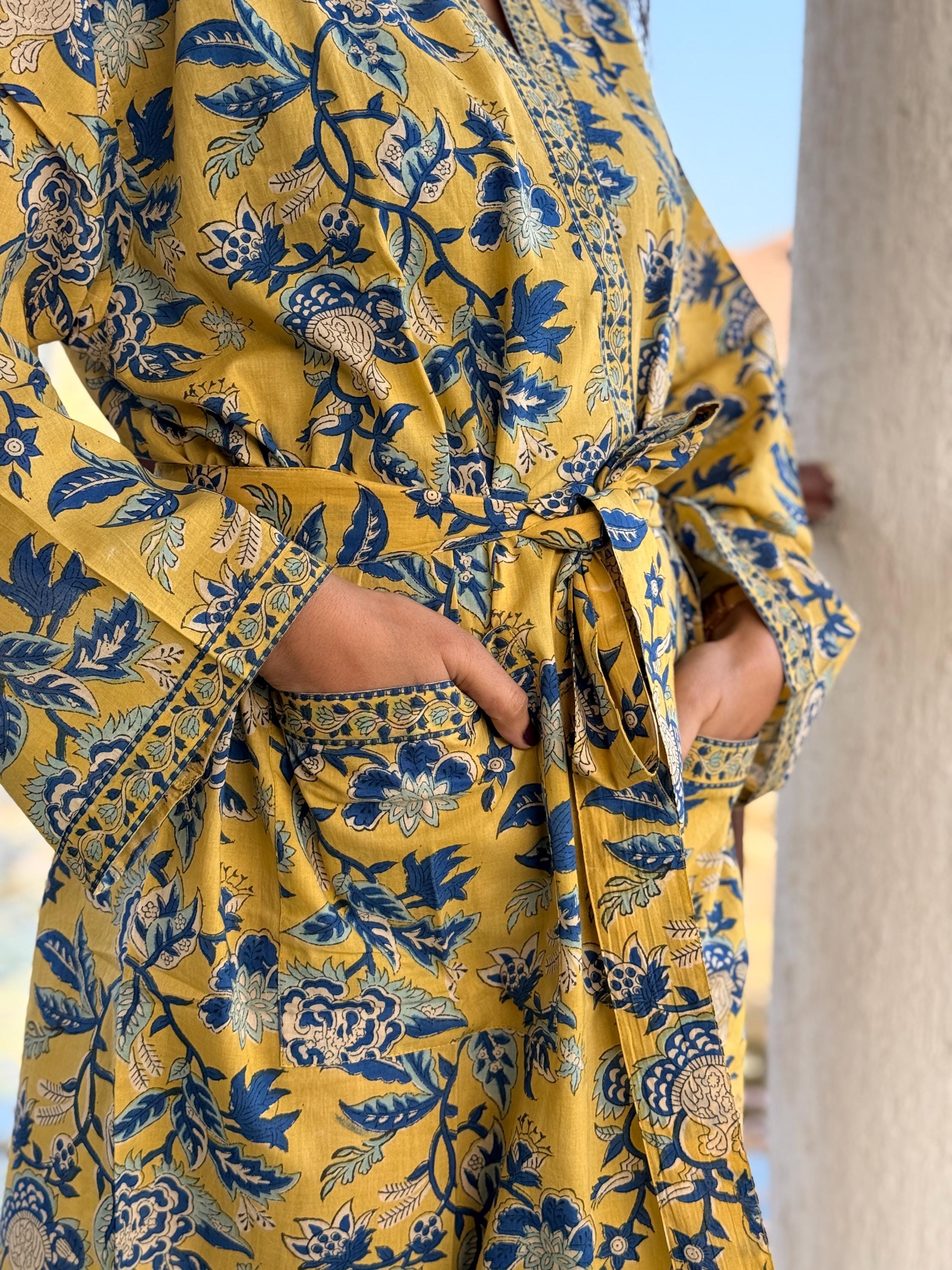 Hand Block Print Cotton Bathrobe, Natural Dye Kimono Robe, Lightweight Spa Robe, Handmade Gift for Her or Him