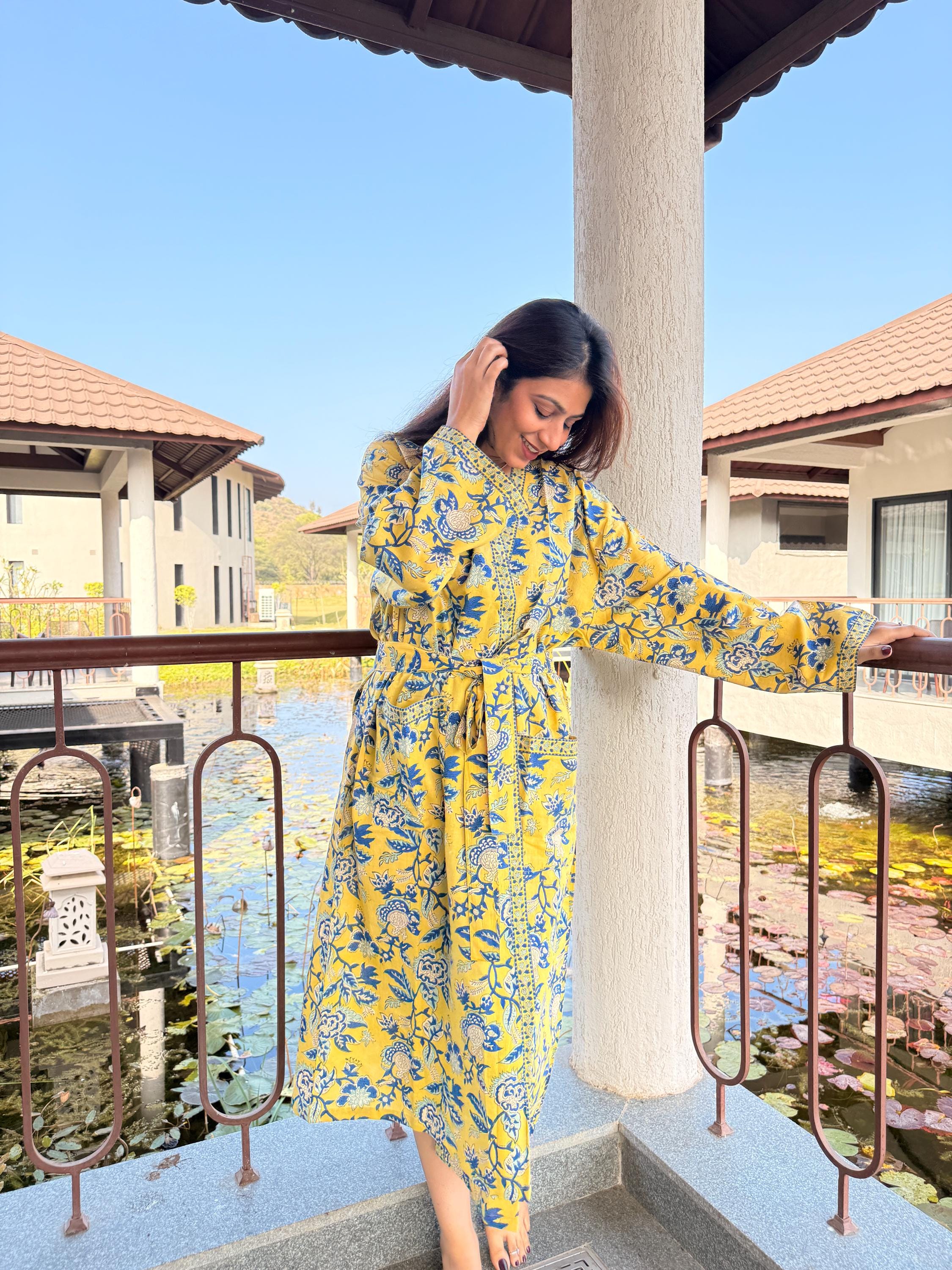 Hand Block Print Cotton Bathrobe, Natural Dye Kimono Robe, Lightweight Spa Robe, Handmade Gift for Her or Him