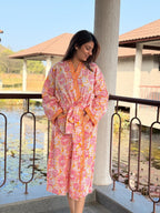Hand Block Print Cotton Bathrobe, Natural Dye Kimono Robe, Lightweight Spa Robe, Handmade Gift for Her or Him